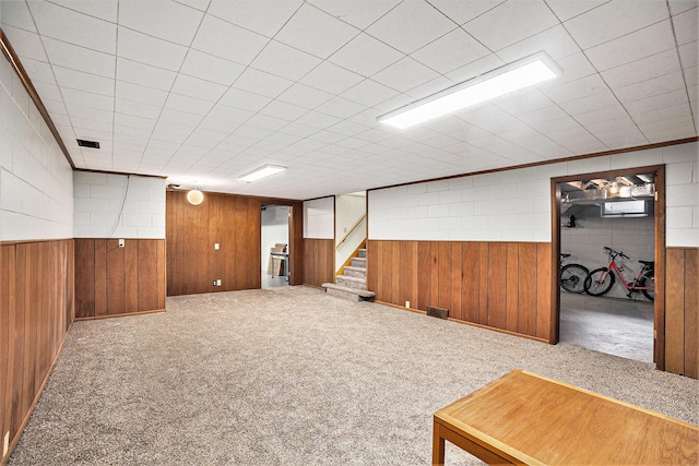 575 Glenwood Ave, Muskegon, MI 49445 - finished basement with wooden walls, stairway, carpet flooring, and a wainscoted wall