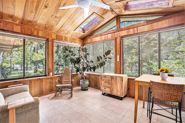 575 Glenwood Ave, Muskegon, MI 49445 - sunroom / solarium with wood walls, vaulted ceiling, tile patterned floors, a skylight, and wood ceiling