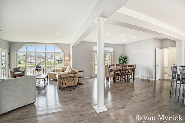 921 Meadow Ridge Dr, Holland, MI 49424 - living room with visible vents, baseboards, ornate columns, and dark wood-style floors