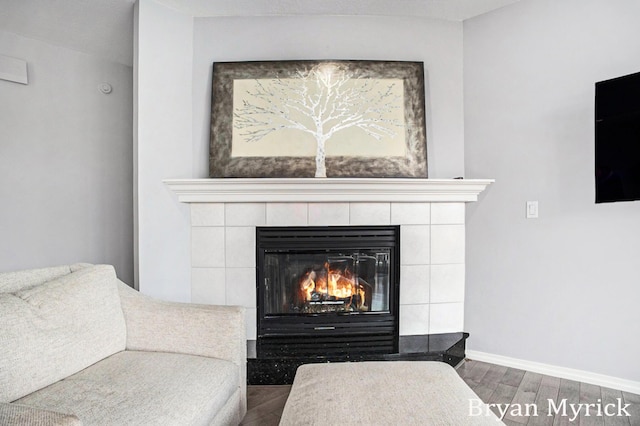 921 Meadow Ridge Dr, Holland, MI 49424 - room details with a tile fireplace, baseboards, and wood finished floors