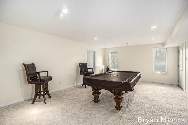 921 Meadow Ridge Dr, Holland, MI 49424 - playroom featuring baseboards, recessed lighting, light colored carpet, and pool table