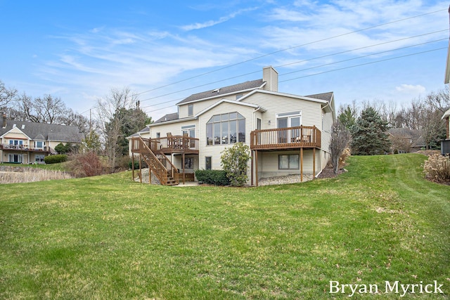921 Meadow Ridge Dr, Holland, MI 49424 - back of house featuring a yard, stairway, a wooden deck, and a chimney