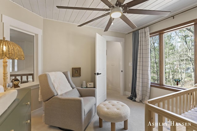 5615 Egypt Valley Ave NE, Belmont, MI 49306 - sitting room with a ceiling fan, wooden ceiling, light carpet, and baseboards