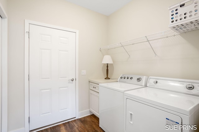 1549 Center Hill Rd SE Unit 37, Lowell, MI 49331 - clothes washing area with washing machine and dryer, cabinet space, dark wood-type flooring, and baseboards