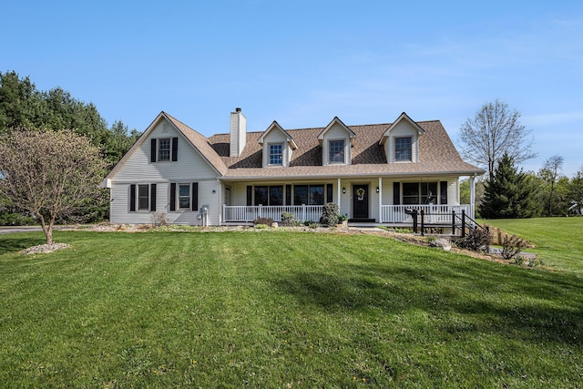 6010 Long Lake Rd, Berrien Springs, MI 49103 - cape cod house featuring roof with shingles, covered porch, a chimney, and a front lawn