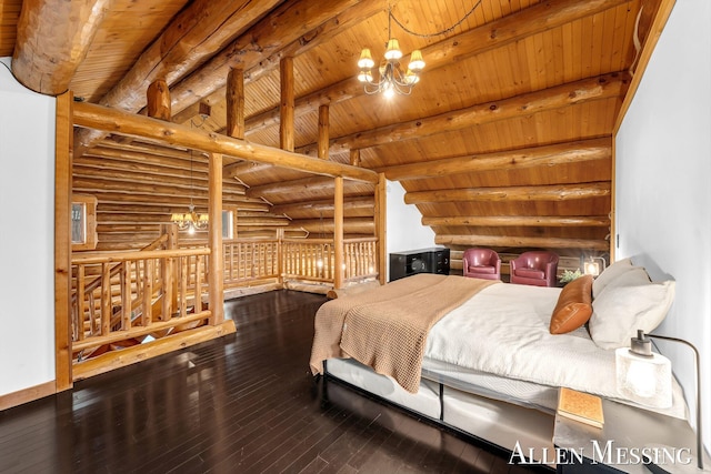bedroom featuring baseboards, wooden ceiling, an inviting chandelier, wood finished floors, and vaulted ceiling with beams