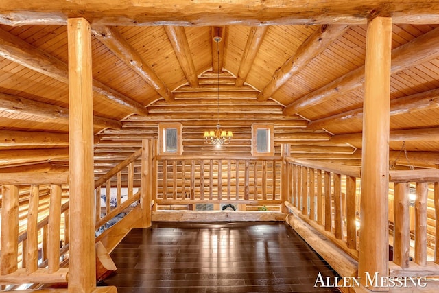hallway featuring wood ceiling, an inviting chandelier, lofted ceiling with beams, and hardwood / wood-style flooring