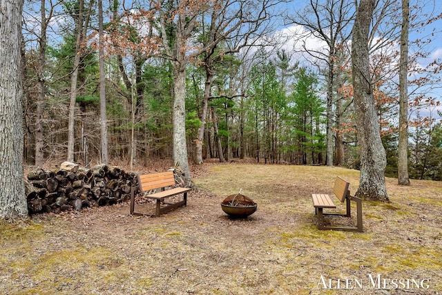 view of yard featuring an outdoor fire pit