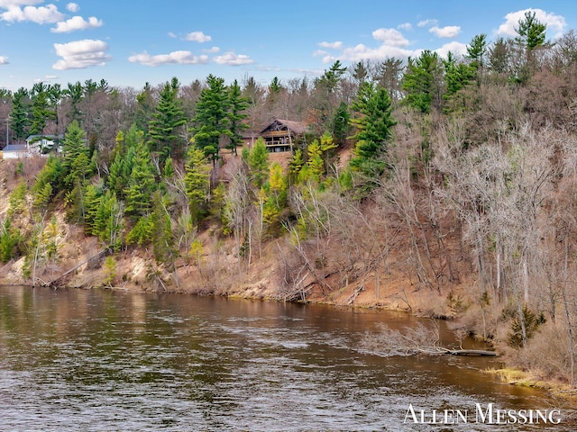 property view of water featuring a forest view