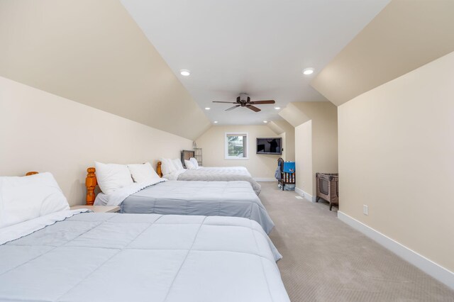 7140 Holiday Dr, Canadian Lakes, MI 49346 - bedroom with baseboards, vaulted ceiling, recessed lighting, a ceiling fan, and light colored carpet