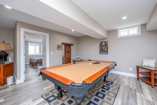 7140 Holiday Dr, Canadian Lakes, MI 49346 - rec room featuring light wood finished floors, baseboards, billiards, and recessed lighting