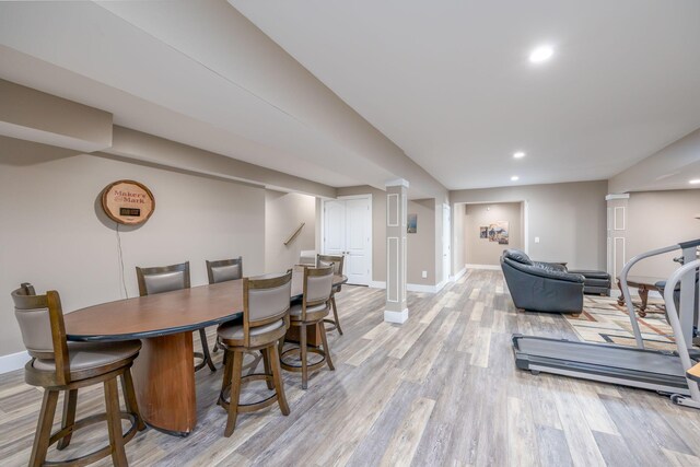 7140 Holiday Dr, Canadian Lakes, MI 49346 - dining space with light wood-style floors, baseboards, and recessed lighting