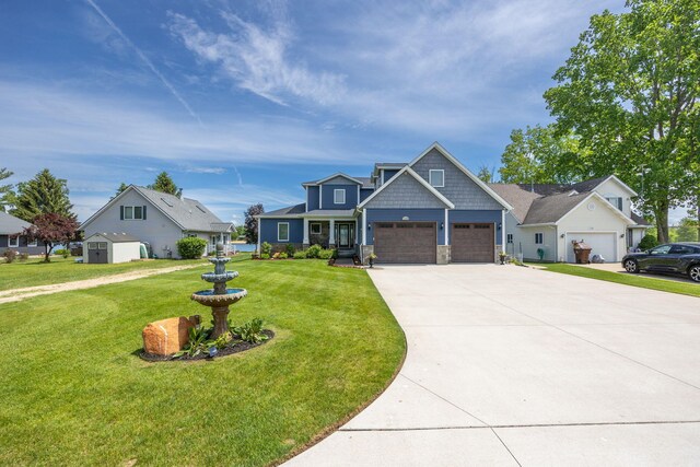 7140 Holiday Dr, Canadian Lakes, MI 49346 - craftsman-style house with an attached garage, concrete driveway, a front yard, and stone siding