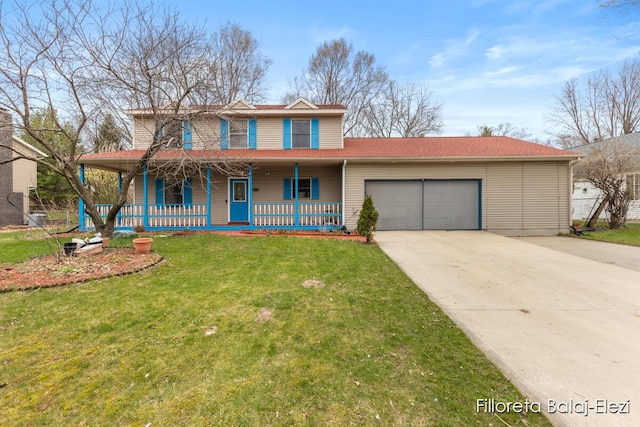 view of front facade featuring a front yard, a porch, an attached garage, and driveway