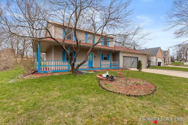view of front of property featuring concrete driveway, a garage, a front lawn, and covered porch