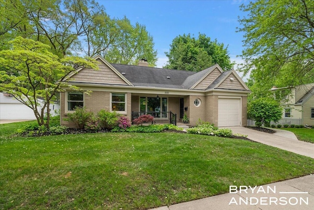 2120 Englewood Dr SE, East Grand Rapids, MI 49506 - ranch-style house featuring an attached garage, a porch, concrete driveway, a front lawn, and brick siding