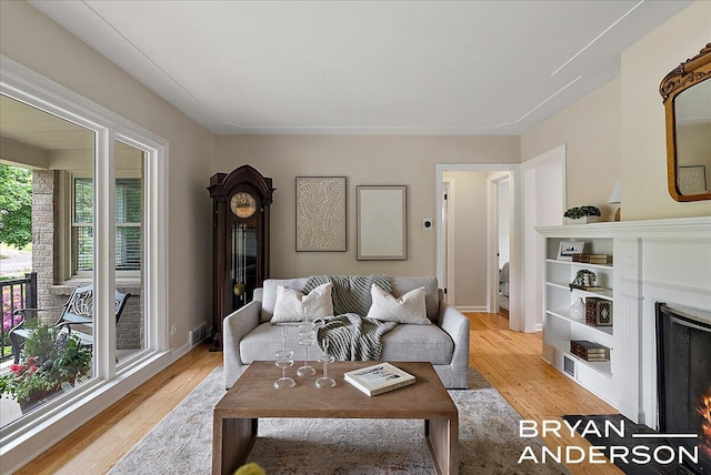 2120 Englewood Dr SE, East Grand Rapids, MI 49506 - living area featuring a lit fireplace, light wood finished floors, and baseboards