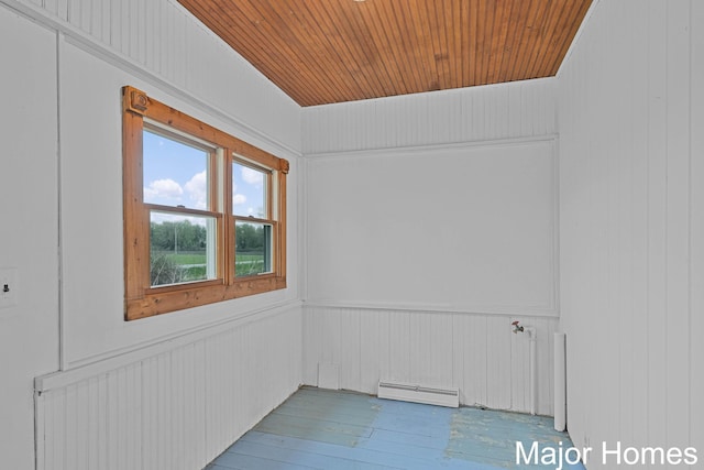 1864 92nd St SW, Byron Center, MI 49315 - unfurnished room with a baseboard radiator, hardwood / wood-style flooring, wood walls, and wood ceiling