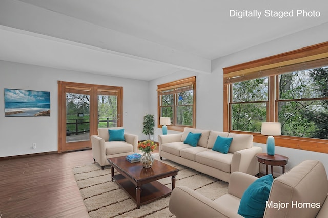 1864 92nd St SW, Byron Center, MI 49315 - living area featuring wood finished floors, baseboards, and beamed ceiling