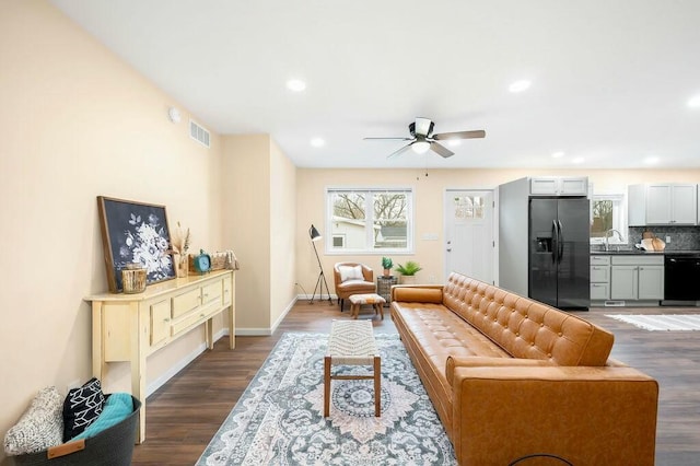 308 Hillview St, Buchanan, MI 49107 - living room with dark wood-style flooring, visible vents, ceiling fan, and recessed lighting
