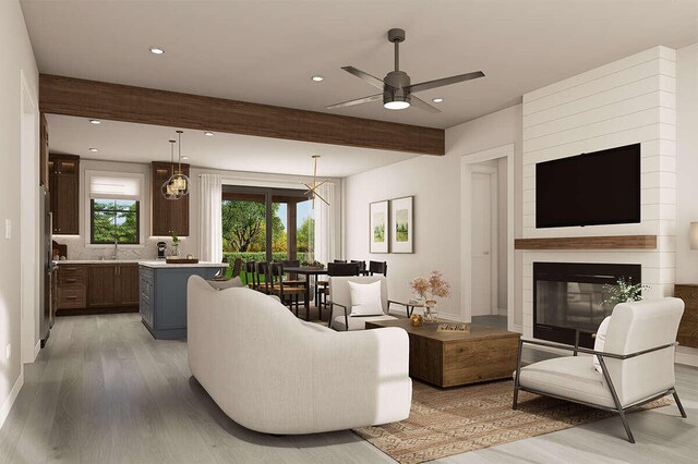 LOT9 Foster Ln, South Haven, MI 49090 - living area featuring a glass covered fireplace, recessed lighting, a ceiling fan, beamed ceiling, and light wood finished floors