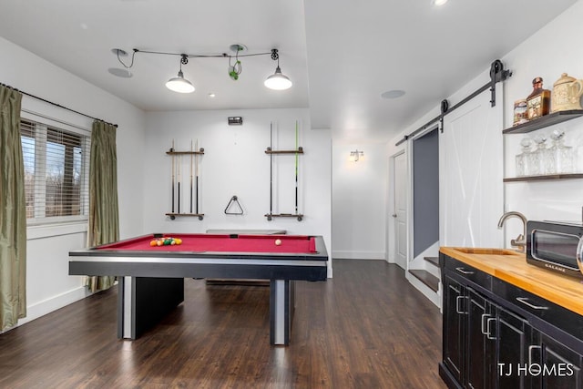 3969 Murray View Ave NE, Lowell, MI 49331 - rec room featuring pool table, dark wood finished floors, a barn door, a sink, and baseboards