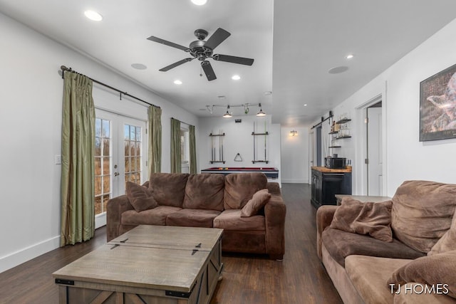 3969 Murray View Ave NE, Lowell, MI 49331 - living room featuring baseboards, a ceiling fan, recessed lighting, dark wood-type flooring, and french doors
