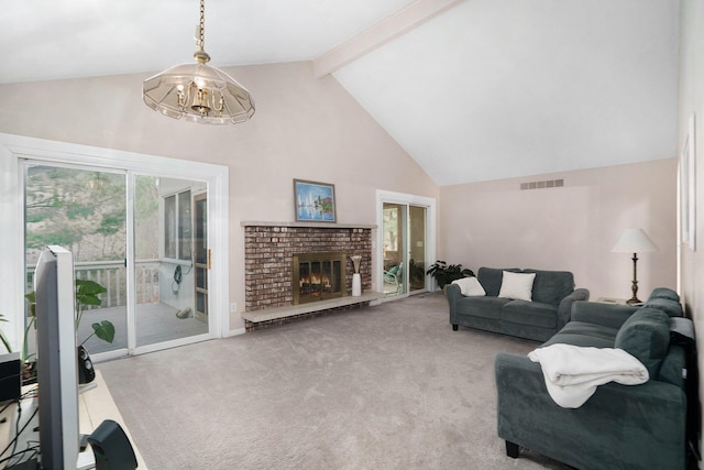 8170 Talaria Ter, Kalamazoo, MI 49009 - living room featuring carpet floors, high vaulted ceiling, a chandelier, beamed ceiling, and a fireplace