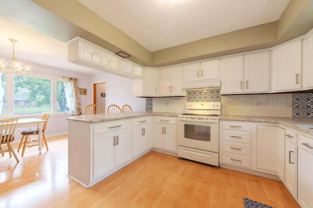 3010 Hill An Brook Dr, Portage, MI 49024 - kitchen featuring white electric range, under cabinet range hood, light wood-style flooring, and a peninsula