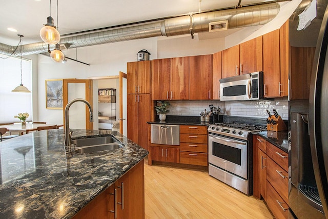 kitchen featuring a sink, visible vents, brown cabinetry, and appliances with stainless steel finishes