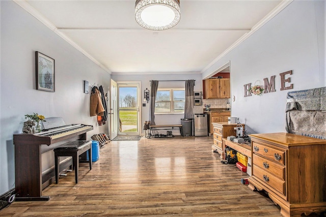 13627 Cadmus Rd, Hudson, MI 49247 - interior space featuring wood finished floors and ornamental molding