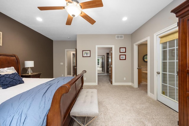 8702 E 98th St, Howard City, MI 49329 - bedroom featuring light colored carpet, recessed lighting, ceiling fan, and ensuite bathroom
