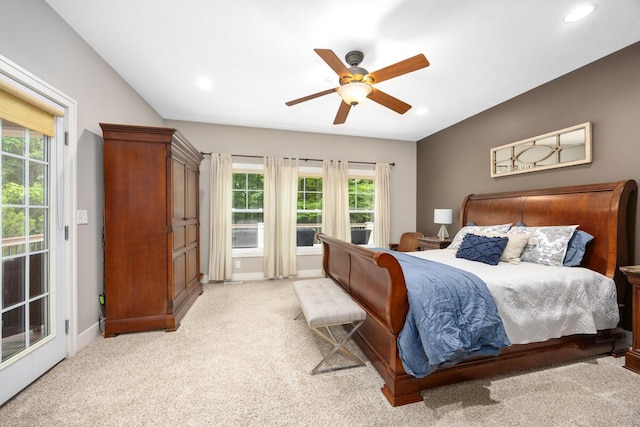 8702 E 98th St, Howard City, MI 49329 - bedroom with access to exterior, light carpet, recessed lighting, and a ceiling fan