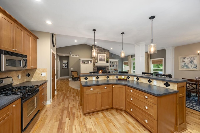 8702 E 98th St, Howard City, MI 49329 - kitchen with stainless steel appliances, light wood finished floors, dark countertops, a fireplace, and vaulted ceiling