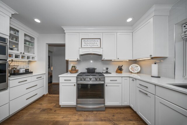 kitchen featuring white cabinetry, light countertops, backsplash, appliances with stainless steel finishes, and recessed lighting