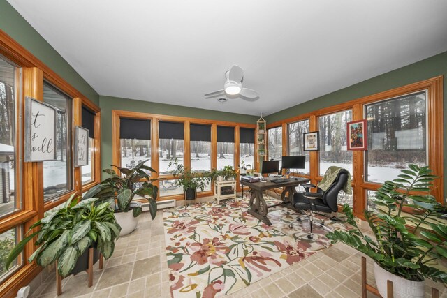 office area featuring a ceiling fan and baseboard heating
