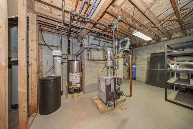 unfinished basement with concrete block wall, gas water heater, and a heating unit