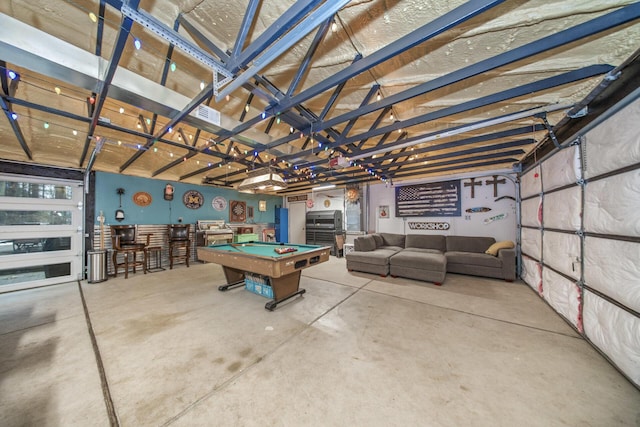recreation room featuring visible vents, pool table, concrete floors, and a bar