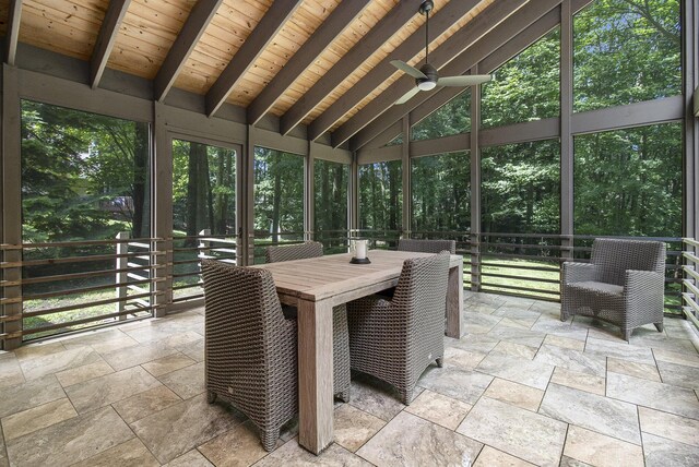 5410 Oak Ridge Rd, Ludington, MI 49431 - sunroom / solarium featuring outdoor dining space, a ceiling fan, and beam ceiling
