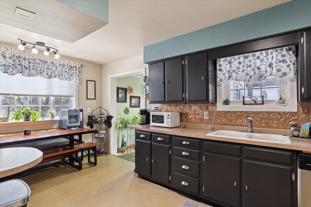 846 Morton Rd, Horton, MI 49246 - kitchen with dark cabinetry, white microwave, a sink, and backsplash