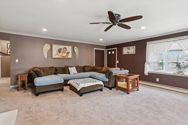 846 Morton Rd, Horton, MI 49246 - living area featuring a baseboard heating unit, light colored carpet, a ceiling fan, and ornamental molding