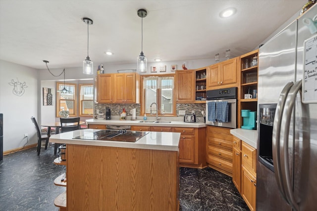 kitchen with a sink, open shelves, decorative backsplash, and appliances with stainless steel finishes