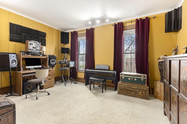 carpeted home office with crown molding