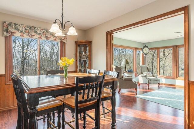 10159 E Rivershore Dr SE, Alto, MI 49302 - dining area with wainscoting, an inviting chandelier, and wood finished floors