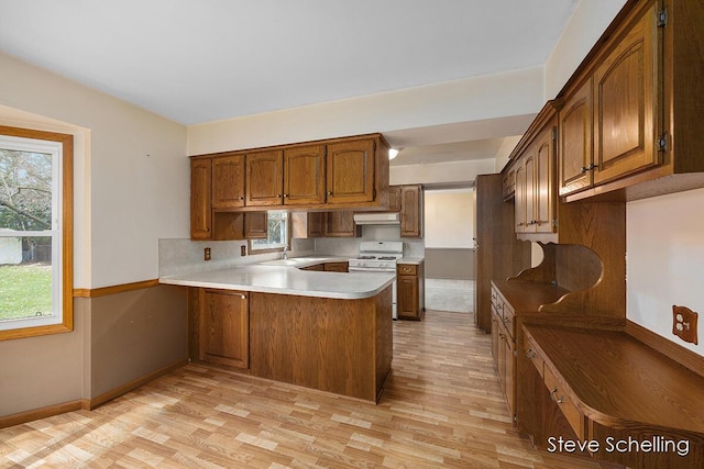 kitchen with a sink, a peninsula, under cabinet range hood, white gas range oven, and light wood-style flooring