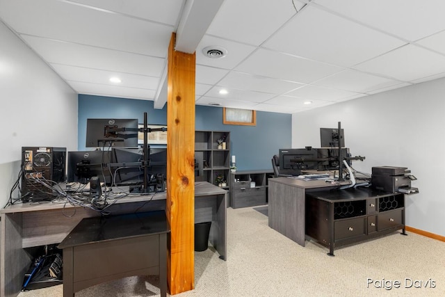 office featuring carpet floors, recessed lighting, baseboards, and visible vents
