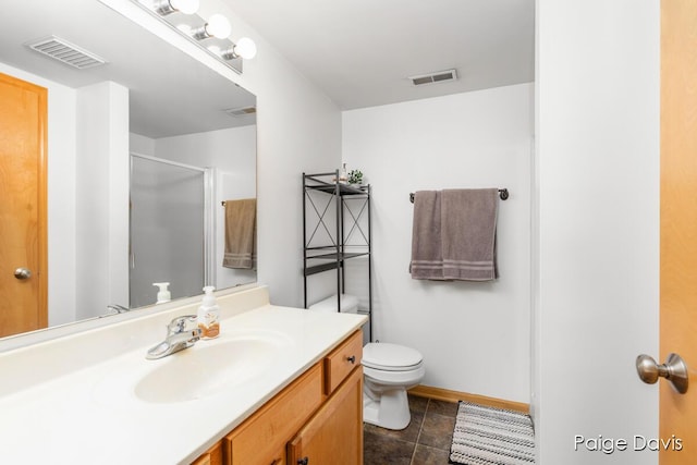 full bathroom featuring vanity, a shower stall, toilet, and visible vents