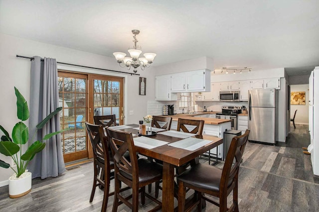 3316 W Lemon Creek Rd, Bridgman, MI 49106 - dining room with dark wood-type flooring, a chandelier, track lighting, and baseboards