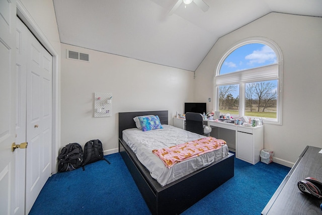 17 Coronado Dr, Jackson, MI 49201 - bedroom with a closet, baseboards, visible vents, lofted ceiling, and carpet