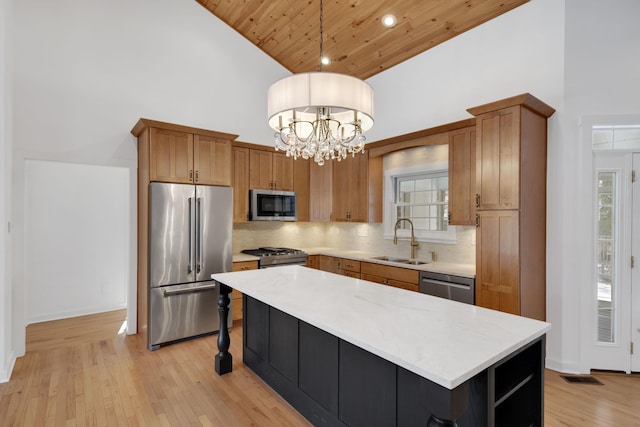 kitchen featuring wood ceiling, appliances with stainless steel finishes, high vaulted ceiling, and a sink